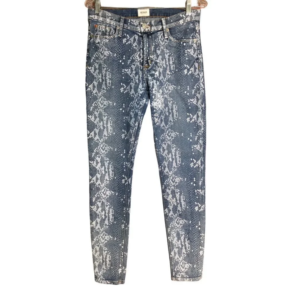 Hudson Nico Midrise Super Skinny Jeans Snake Print Midrise Blue White Size 29